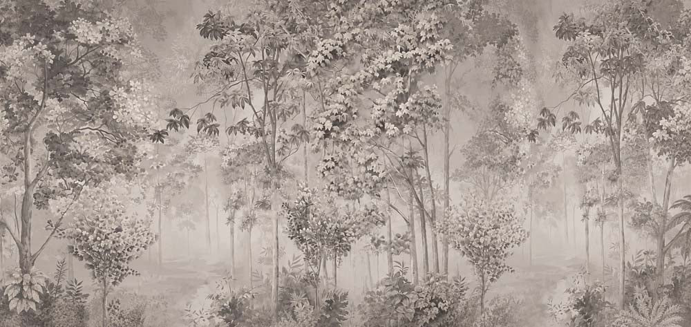 Floresta cinza em gravura – papel de parede com árvores botânicas vintage