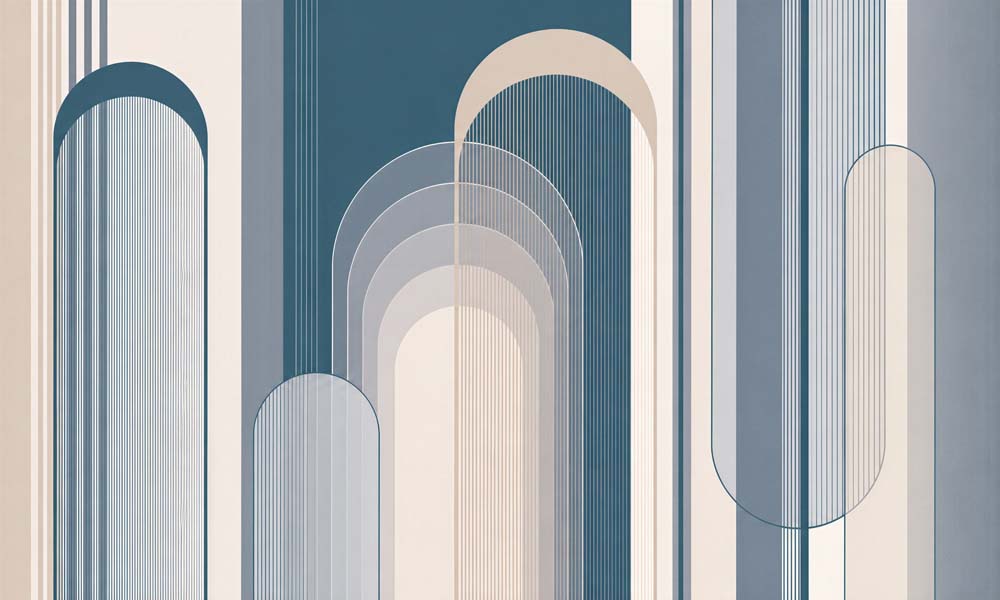 Blauwe bogen behang – moderne geometrische bogen en strepen fotobehang