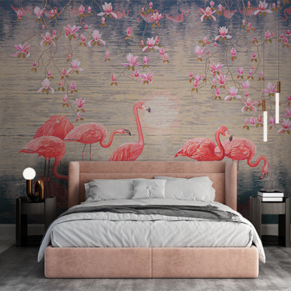 Flock of Flamingos in Water Wall Mural Realistic Nature Wallpaper