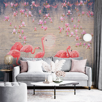 Flock of Flamingos in Water Wall Mural Realistic Nature Wallpaper