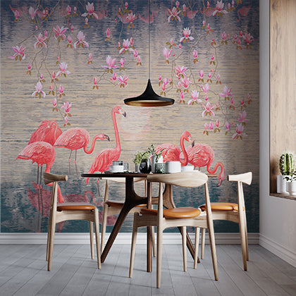 Flock of Flamingos in Water Wall Mural Realistic Nature Wallpaper