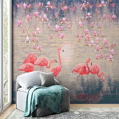 Flock of Flamingos in Water Wall Mural Realistic Nature Wallpaper