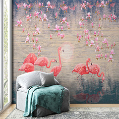 Custom Flock of Flamingos in Water Wall Mural Realistic Nature Wallpaper