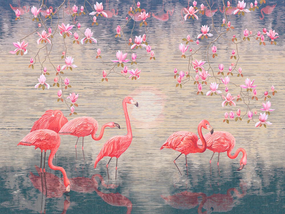 Flock of Flamingos in Water Wall Mural Realistic Nature Wallpaper