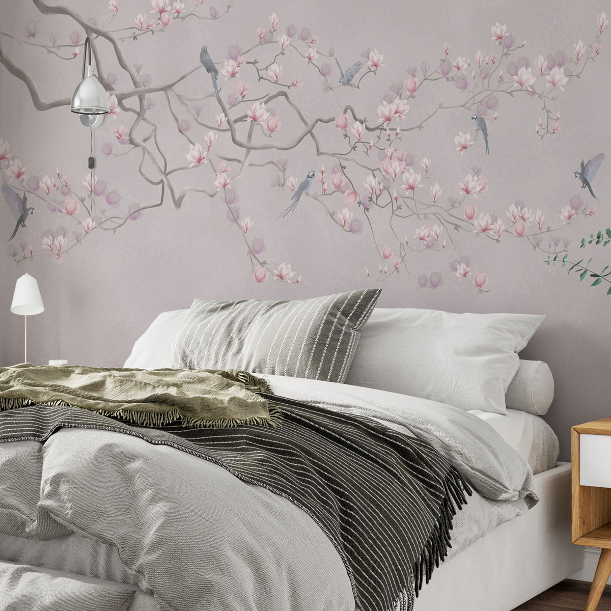 Papier peint branche fleurie avec oiseaux – Papier peint panoramique chinoiserie rose tendre