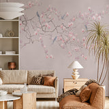 Spring Blossom Branch with Birds Wallpaper Pink Flowers Mural