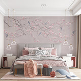 Spring Blossom Branch with Birds Wallpaper Pink Flowers Mural