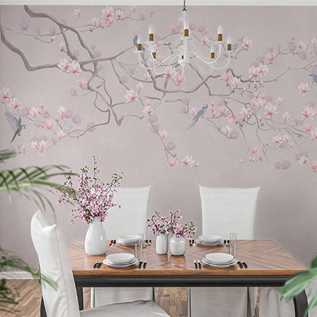 Spring Blossom Branch with Birds Wallpaper Pink Flowers Mural