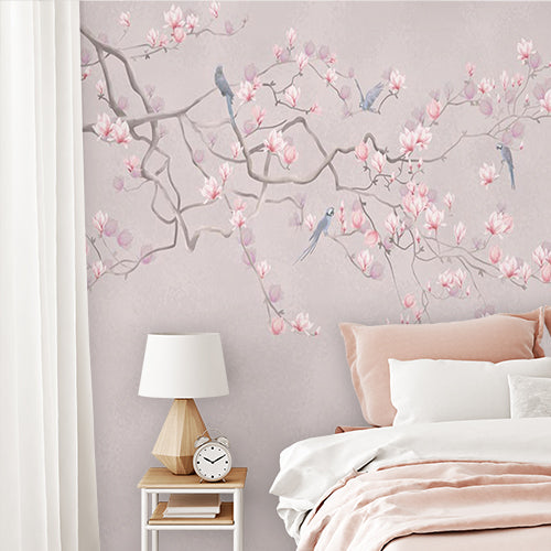 Spring Blossom Branch with Birds Wallpaper Pink Flowers Mural