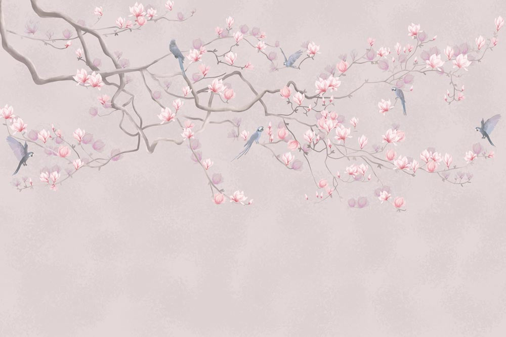 Spring Blossom Branch with Birds Wallpaper Pink Flowers Mural