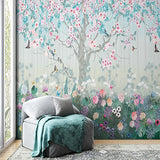 Springtime Tree with Birds Wall Mural Flowers Meadow Wallpaper