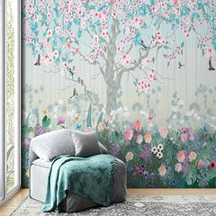 Custom Springtime Tree with Birds Wall Mural Flowers Meadow Wallpaper