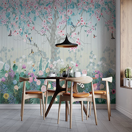 Springtime Tree with Birds Wall Mural Flowers Meadow Wallpaper