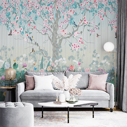 Springtime Tree with Birds Wall Mural Flowers Meadow Wallpaper