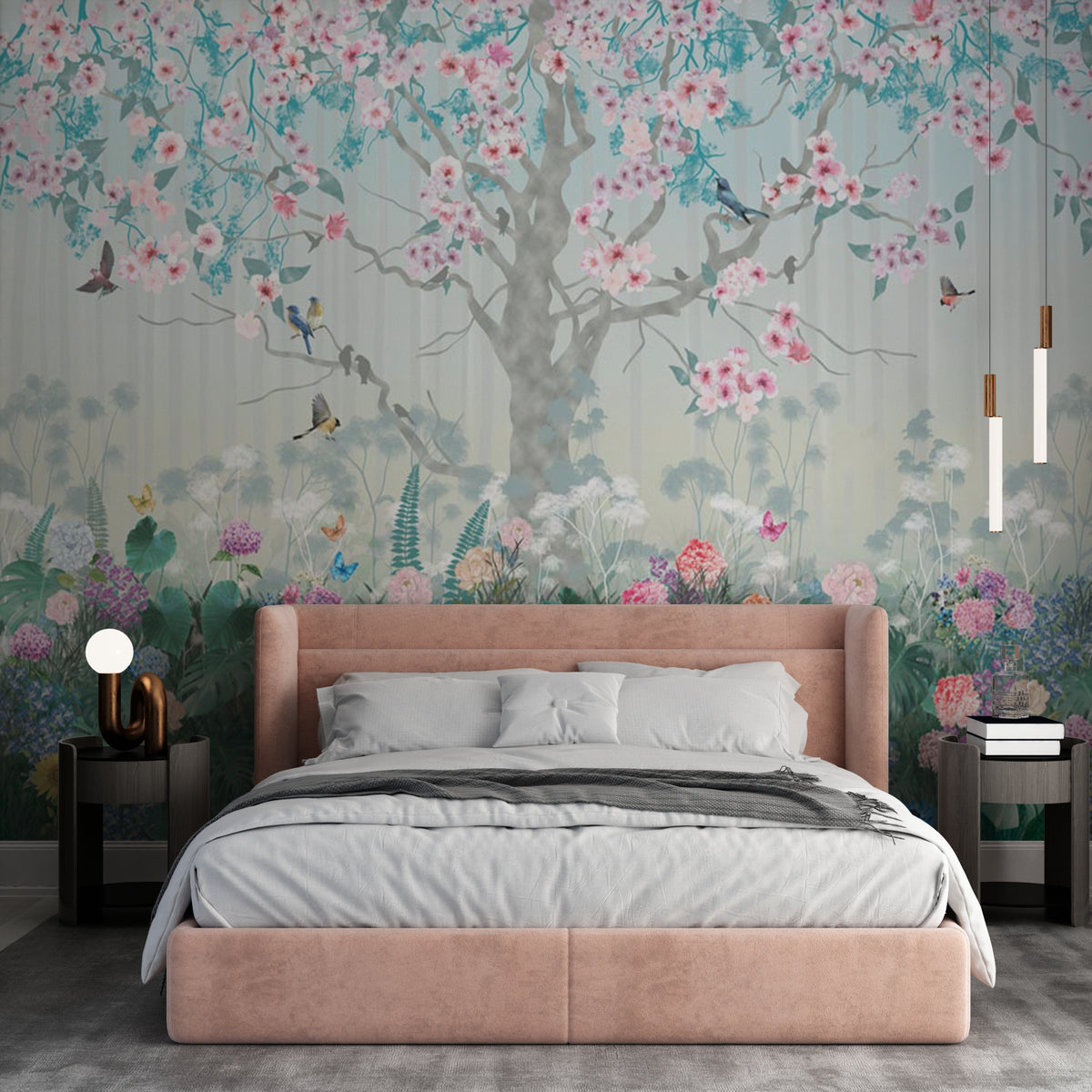 Springtime Tree with Birds Wall Mural Flowers Meadow Wallpaper