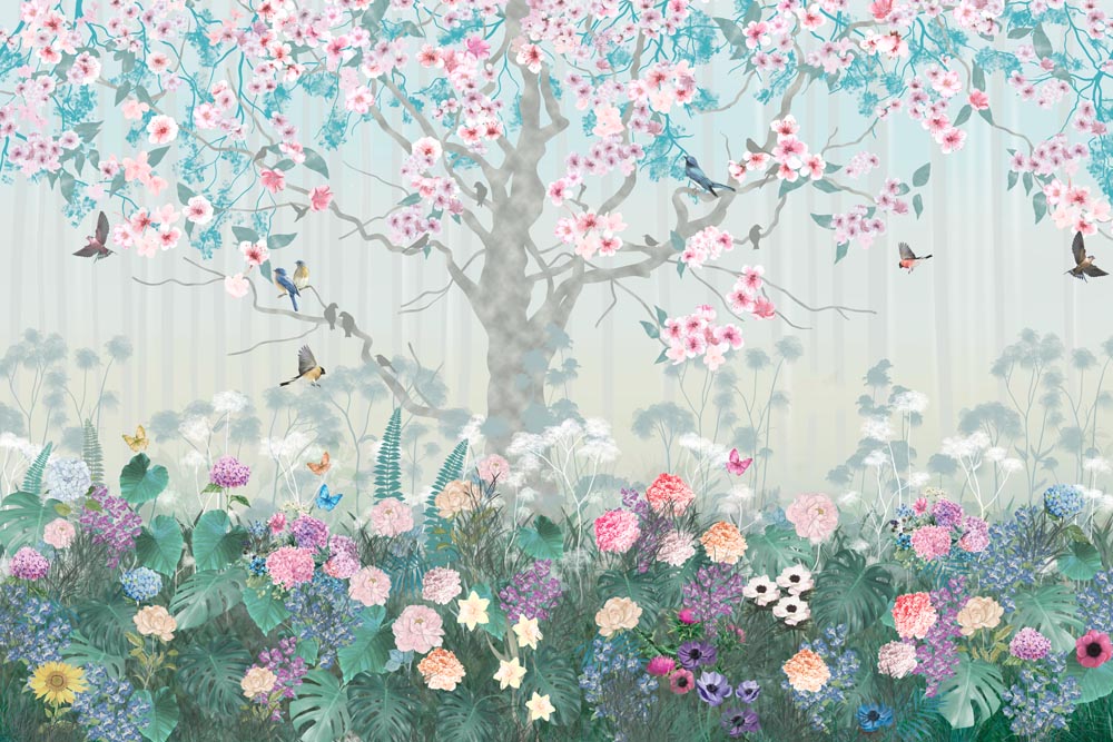 Springtime Tree with Birds Wall Mural Flowers Meadow Wallpaper