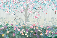 Custom Springtime Tree with Birds Wall Mural Flowers Meadow Wallpaper