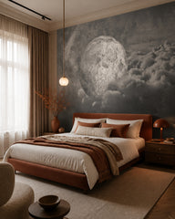 Moon above clouds wallpaper in a designer bedroom.
