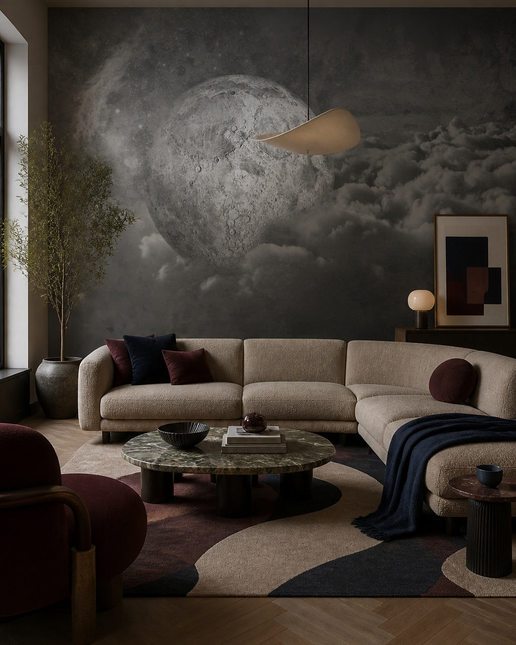 Moon above clouds wallpaper in a designer living room.