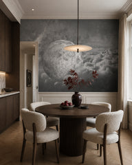 Moon above clouds wallpaper in a refined dining area.