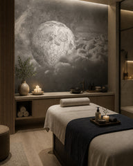 Moon above clouds wallpaper in a wellness spa.