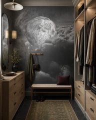 Moon above clouds wallpaper in a dressing room.