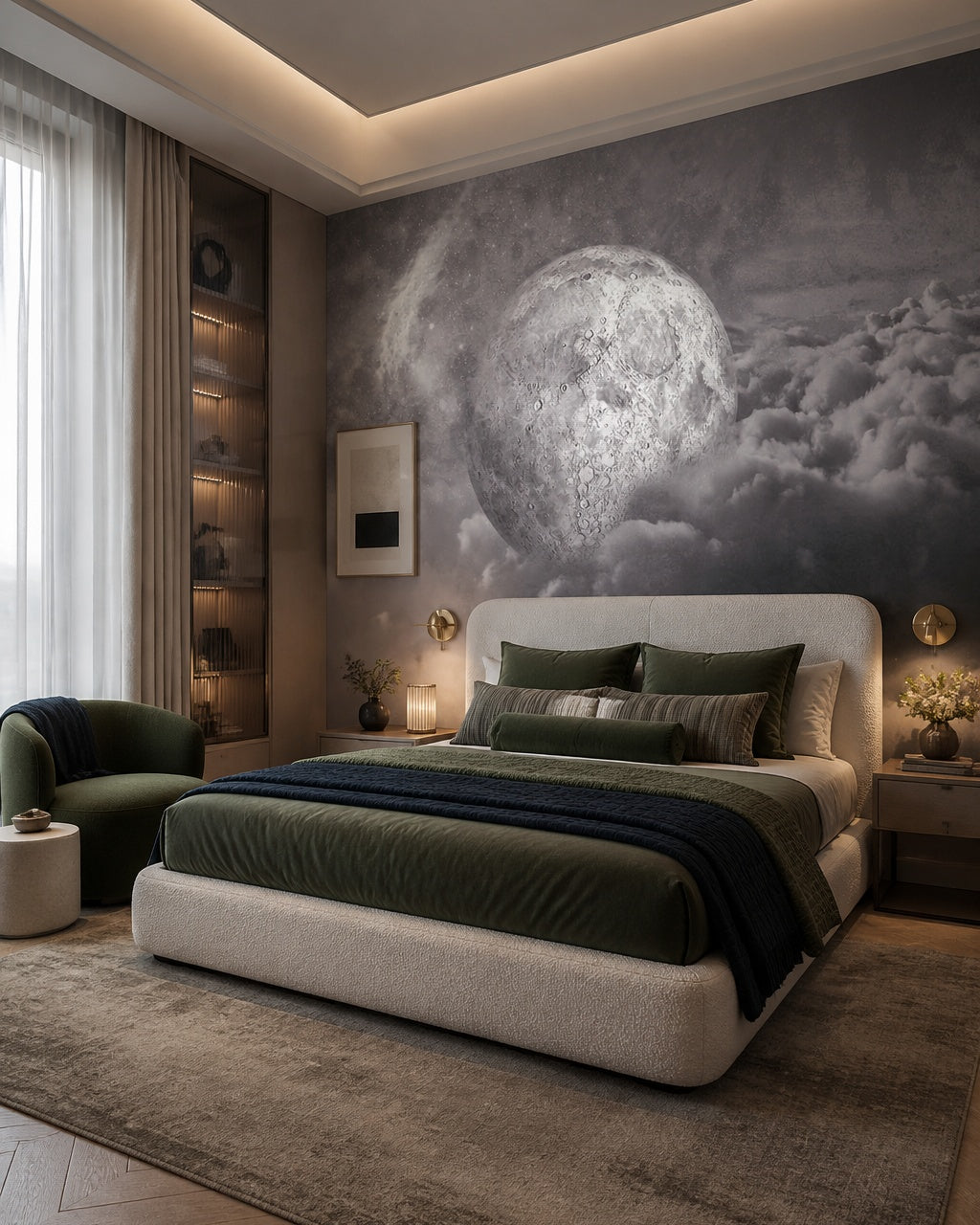 Mystical moon wallpaper in a designer bedroom.