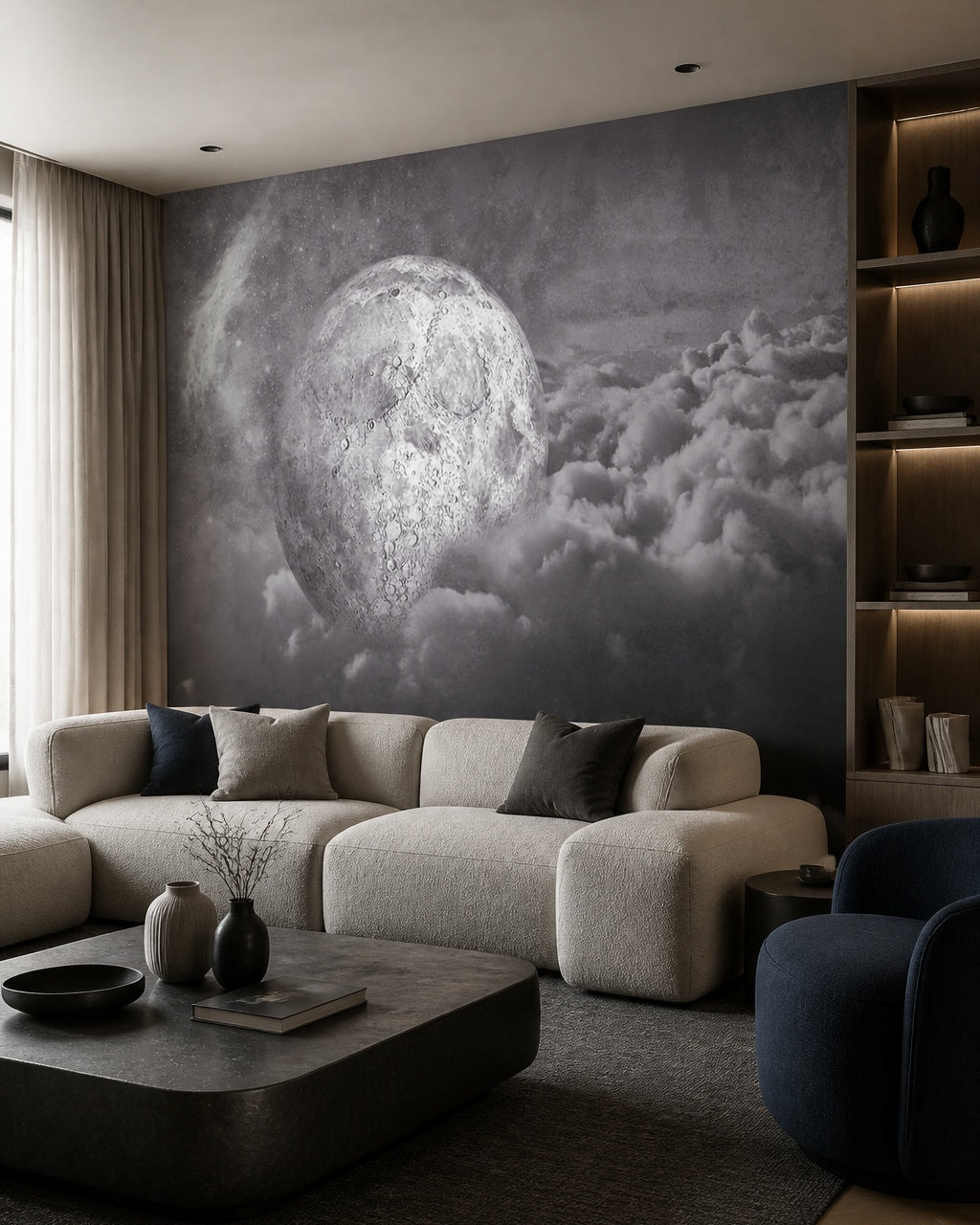 Mystical moon wallpaper in a designer living room.
