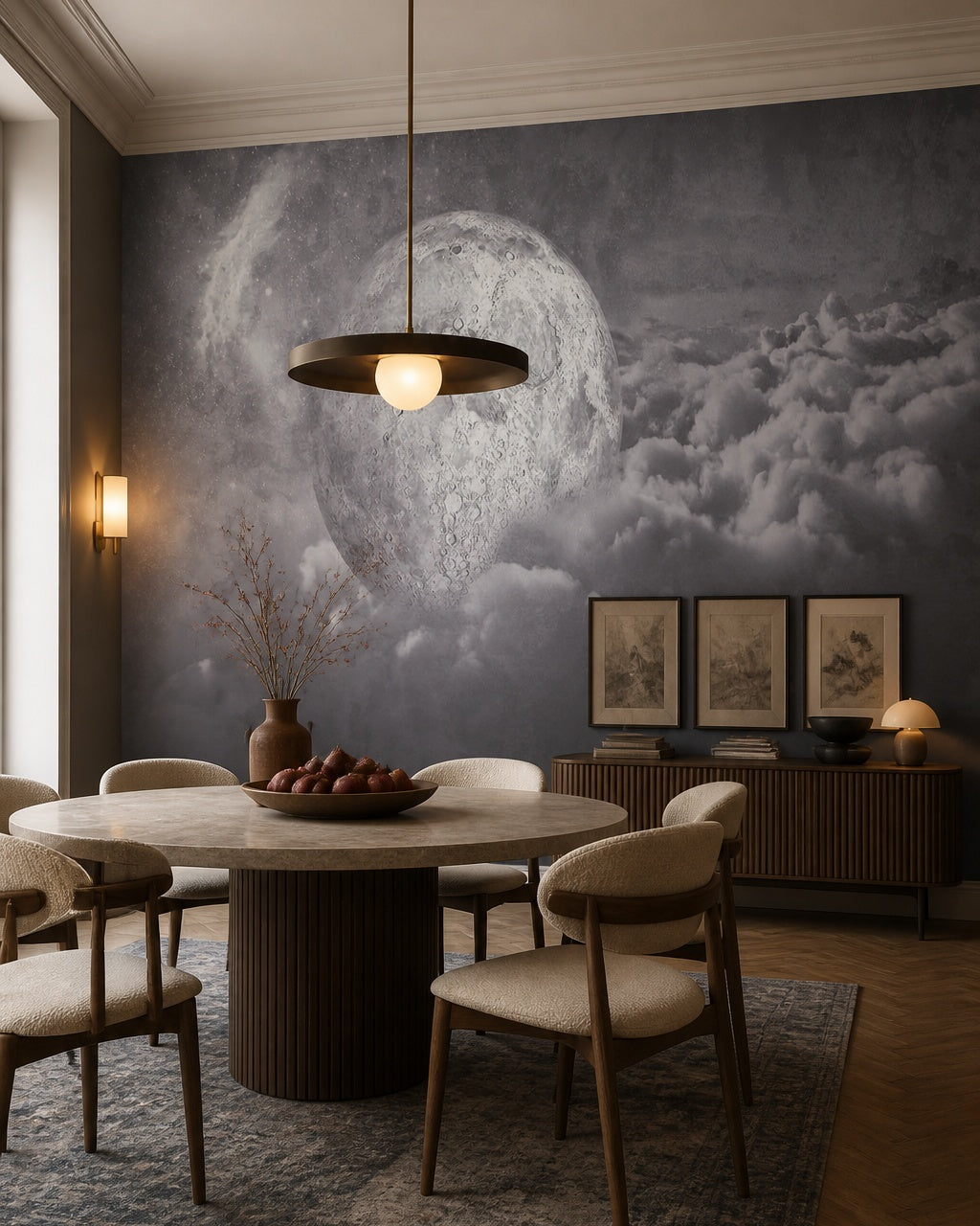 Mystical moon wallpaper in a refined dining area.