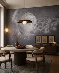 Mystical moon wallpaper in a refined dining area.