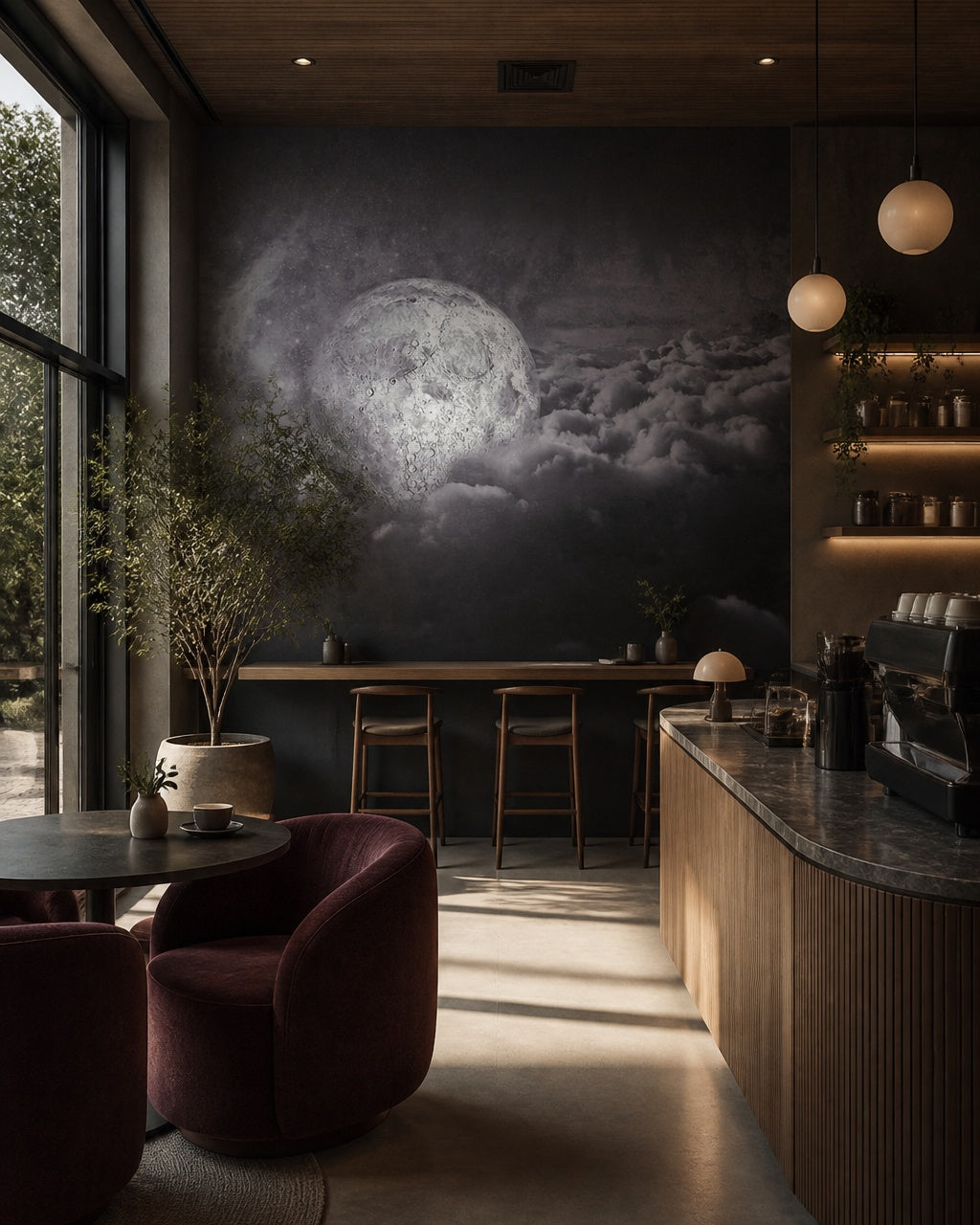 Mystical moon wallpaper in a specialty coffee shop.