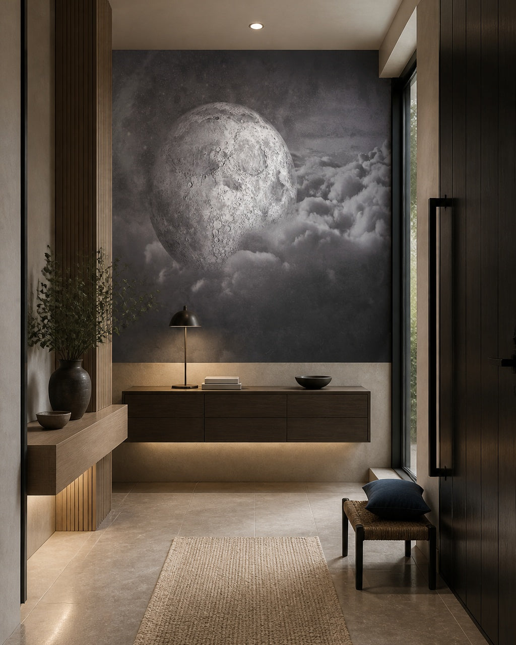 Mystical moon wallpaper in a refined foyer.