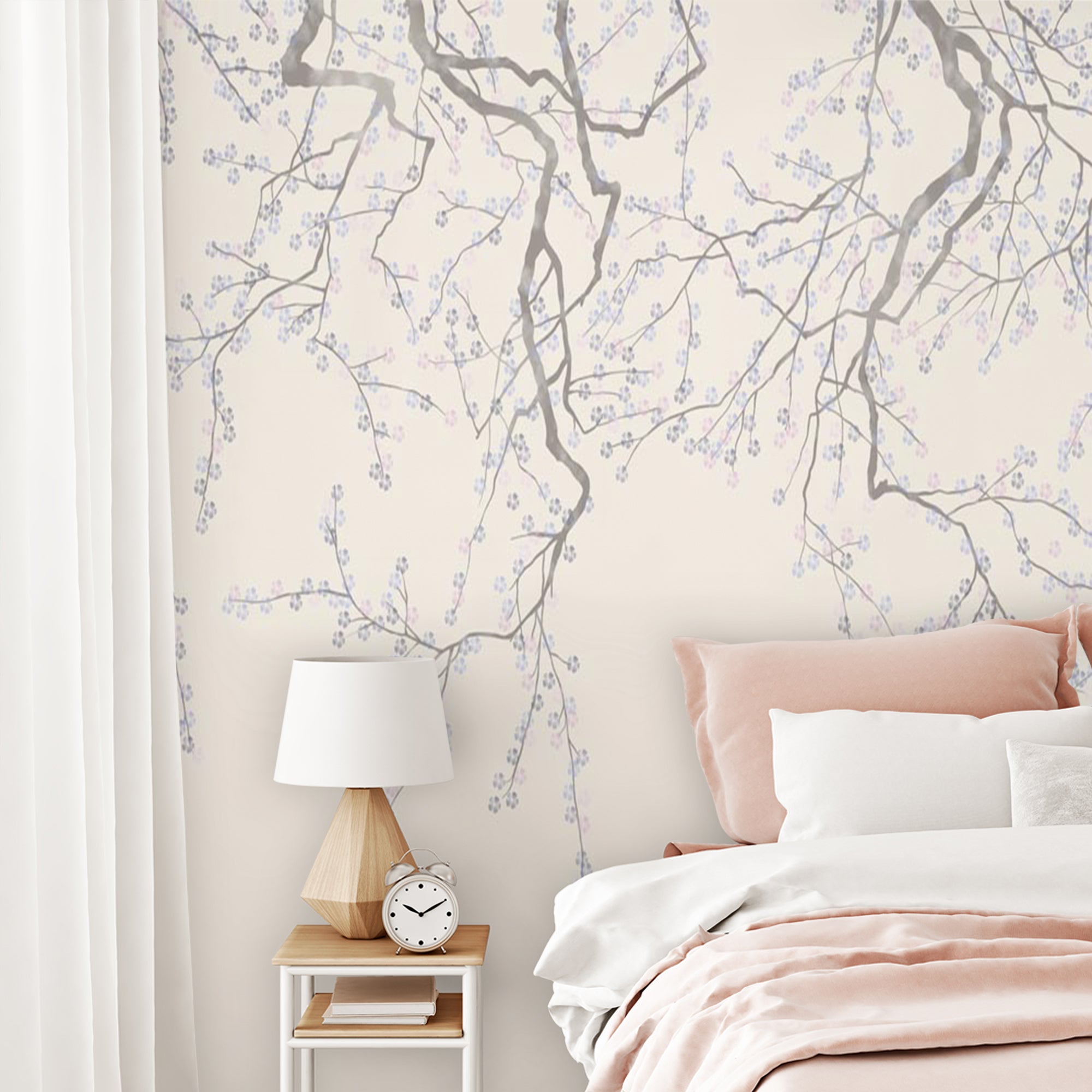 Elegant Floral Wall Mural Branch with Pink Flowers Wallpaper