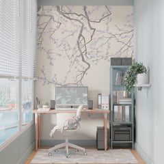 Custom Branch with Blooming Pink Flowers Wall Mural Springtime Pink Blossom Wallpaper