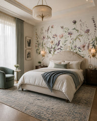 Watercolor field flowers wallpaper in a designer bedroom.