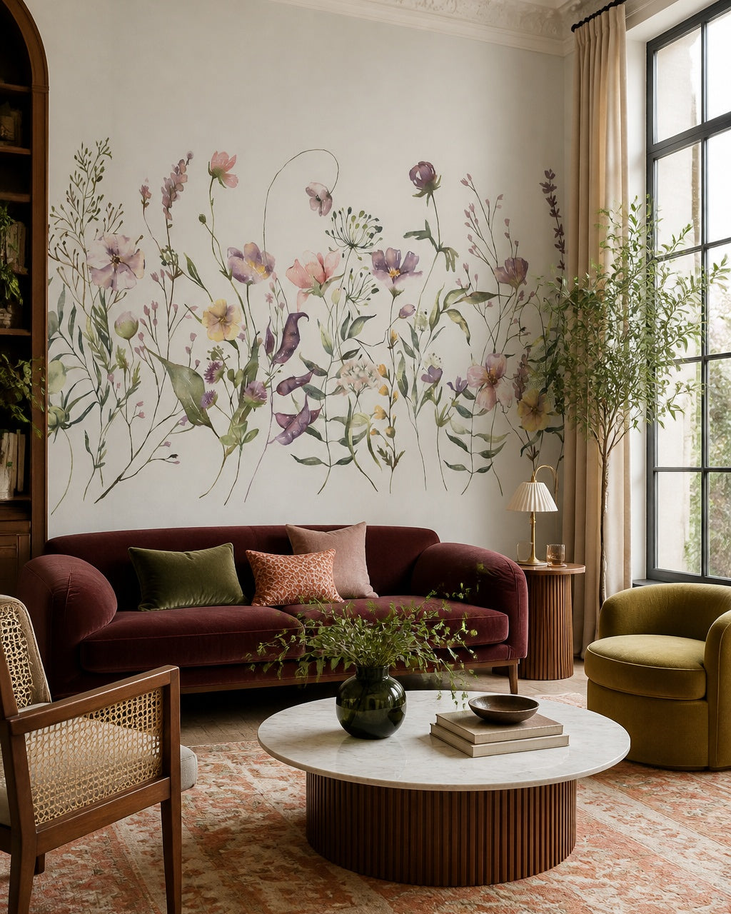 Watercolor field flowers wallpaper in a designer living room.