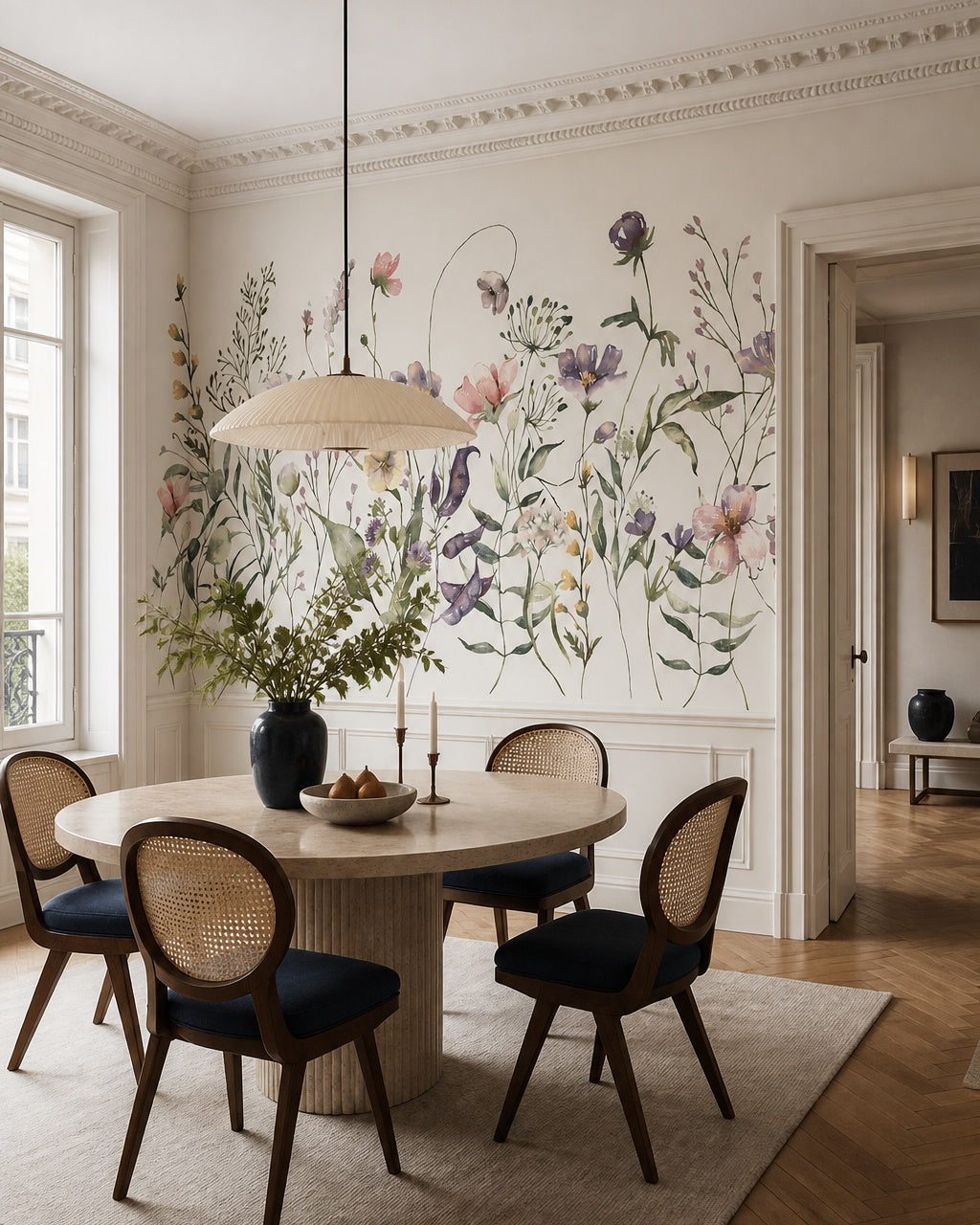 Watercolor field flowers wallpaper in a refined dining area.