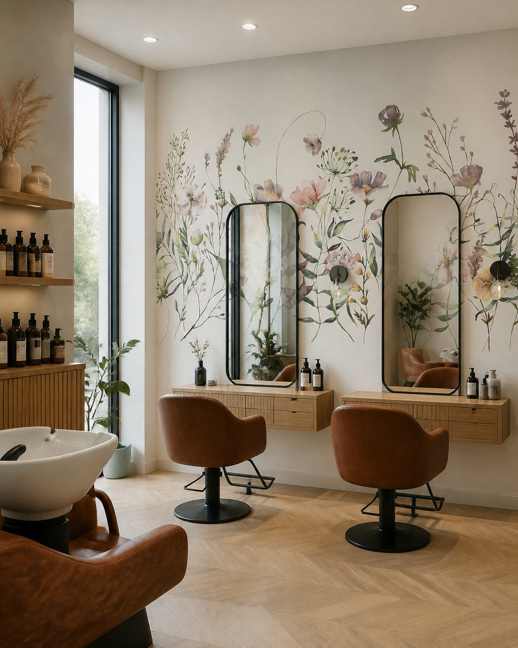 Watercolor field flowers wallpaper in a beauty salon.