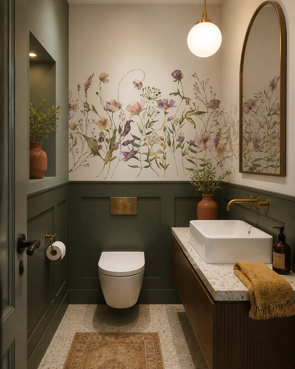Watercolor field flowers wallpaper in an elegant powder room.