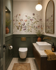 Watercolor field flowers wallpaper in an elegant powder room.