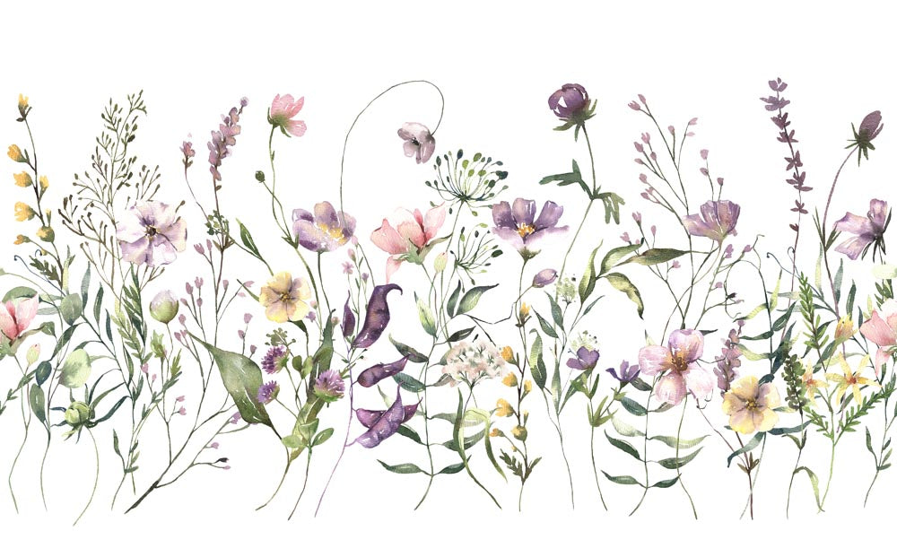 Aquarel veldbloemenbehang – paarse en roze bloemenweide