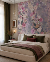 Vintage floral bouquet wallpaper in a designer bedroom.