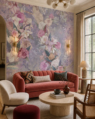 Vintage floral bouquet wallpaper in a designer living room.