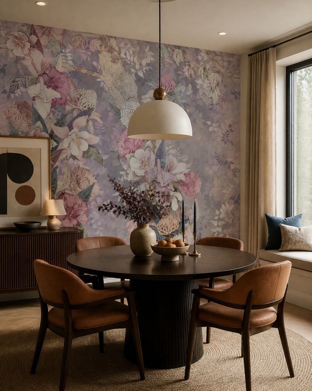 Vintage floral bouquet wallpaper in a refined dining area.
