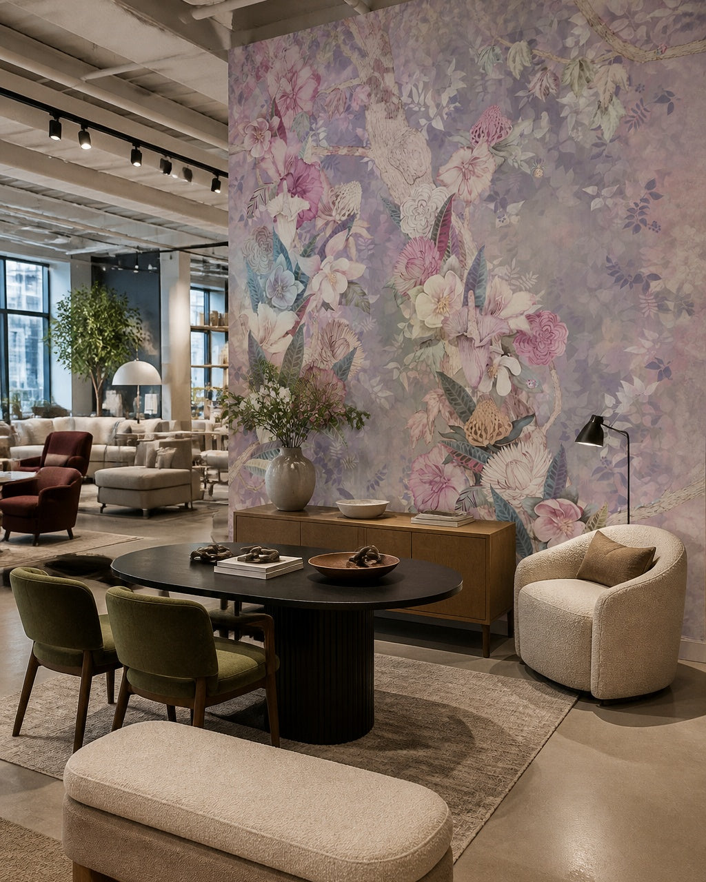 Vintage floral bouquet wallpaper in a design showroom.