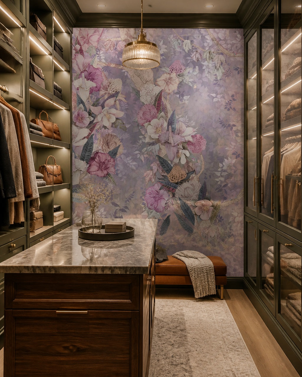 Vintage floral bouquet wallpaper in a walk-in wardrobe.
