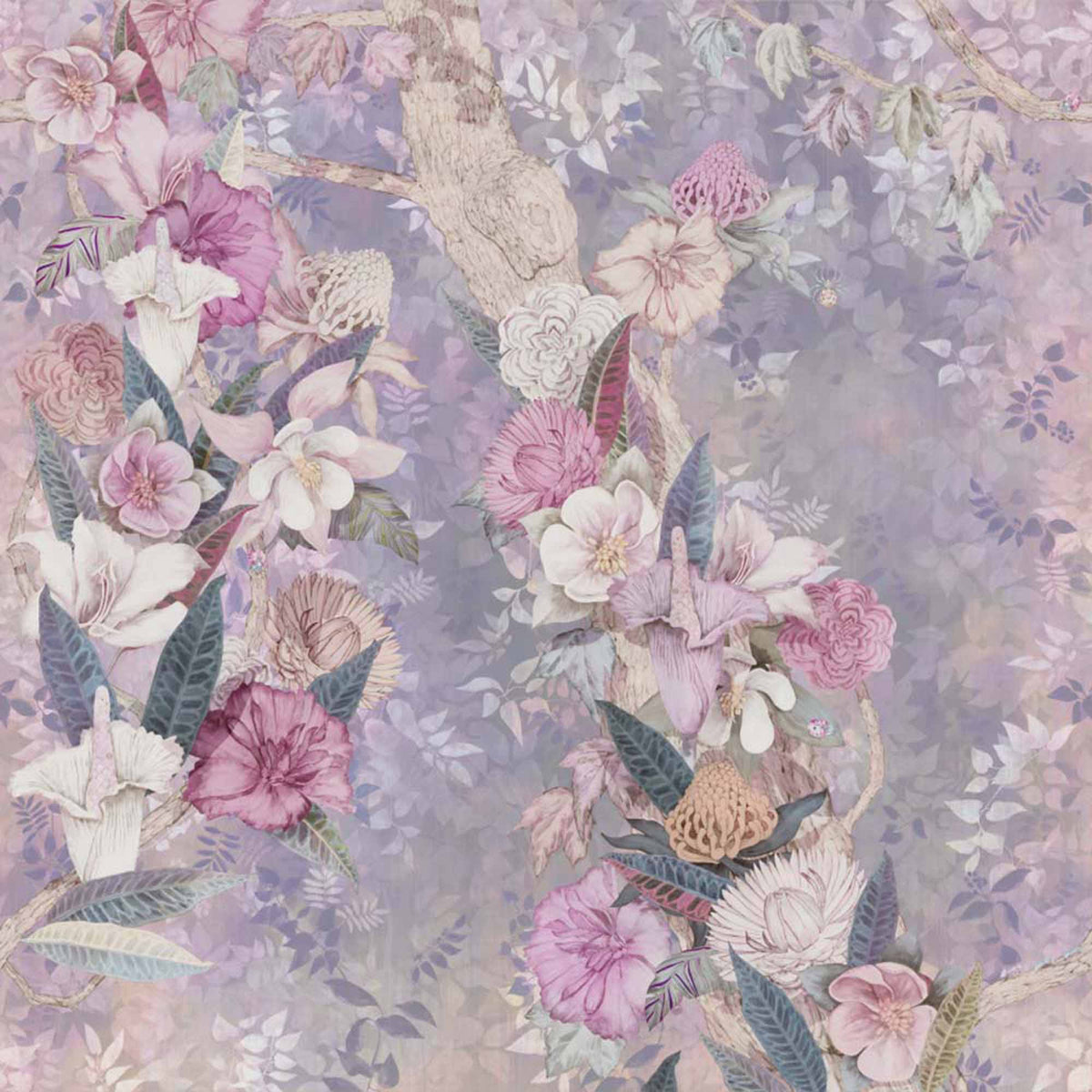 Papier peint bouquet floral vintage – Papier peint panoramique lys et roses roses sur lilas