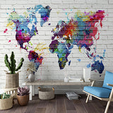 Colorful World Map Wall Mural Wallpaper - Artistic Splatter Design on Brick