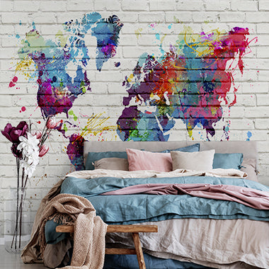 Custom Colorful World Map Wall Mural Wallpaper - Artistic Splatter Design on Brick