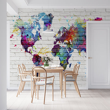 Colorful World Map Wall Mural Wallpaper - Artistic Splatter Design on Brick